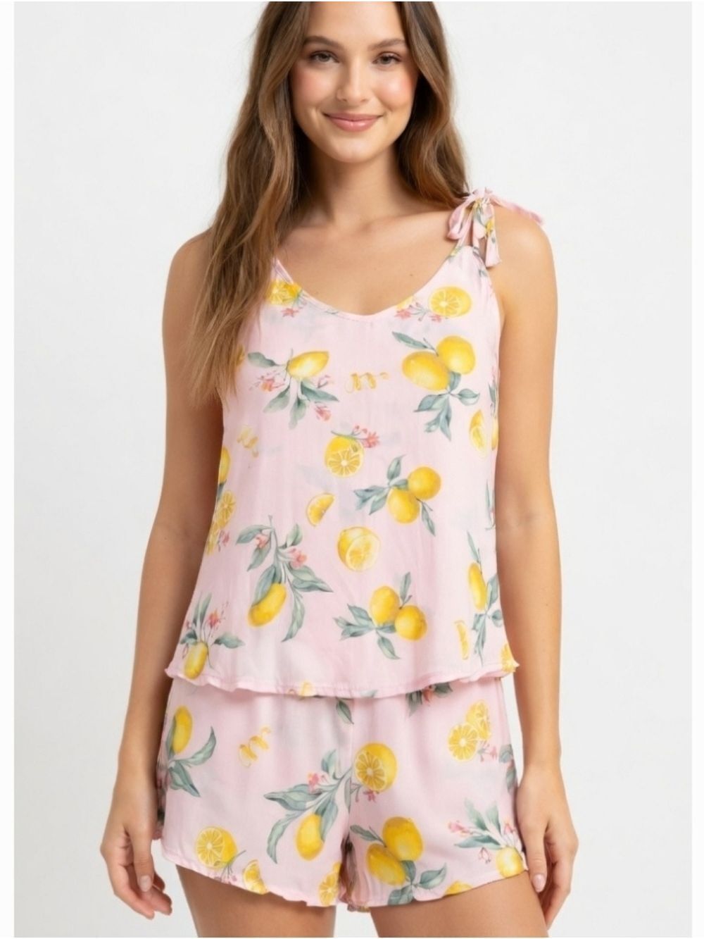 Flora Lemon Print Pink Sleepwear Set Small
